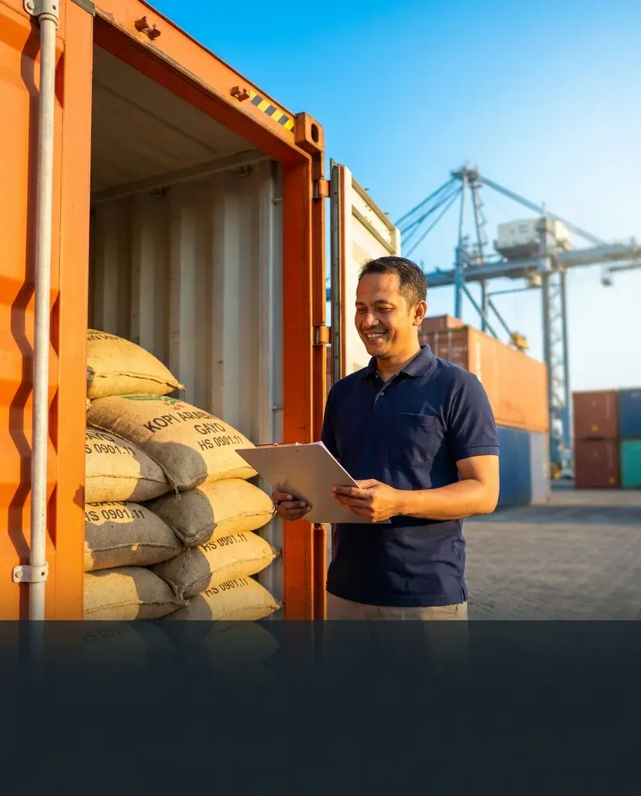 Eksportir Indonesia yang sukses sedang inspeksi kontainer berisi karung kopi Arabika Gayo HS 0901.11 siap dikirim ke buyer internasional